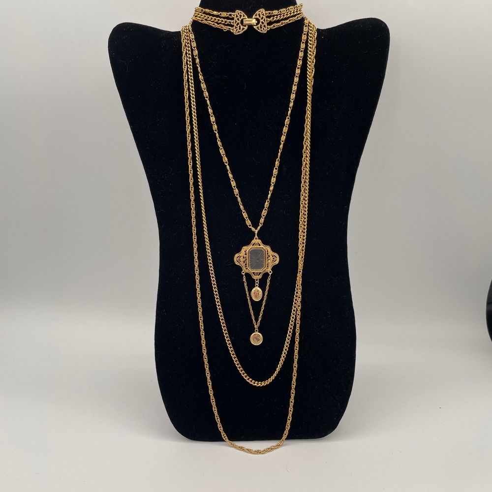 Goldette Vintage Glass Gold Tone 36" Triple Strand Pendant Necklace READ